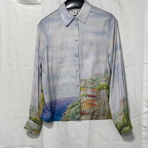 RACHEL ZOE Unique Watercolour Coastal Landscape Lighweight Button Down